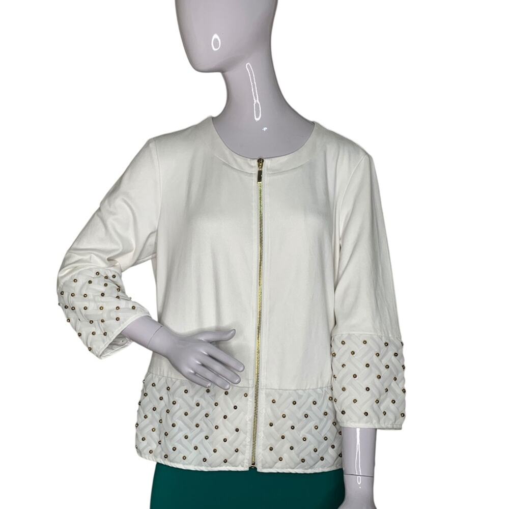 Chico's Travelers Collection Jacket Size 1/M Cream Gold Zipper Beads 3/4 Sleeve
